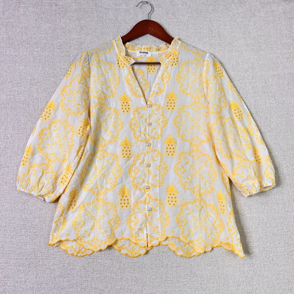 Anthropologie White Eyelet Blouse with Yellow Embroidery